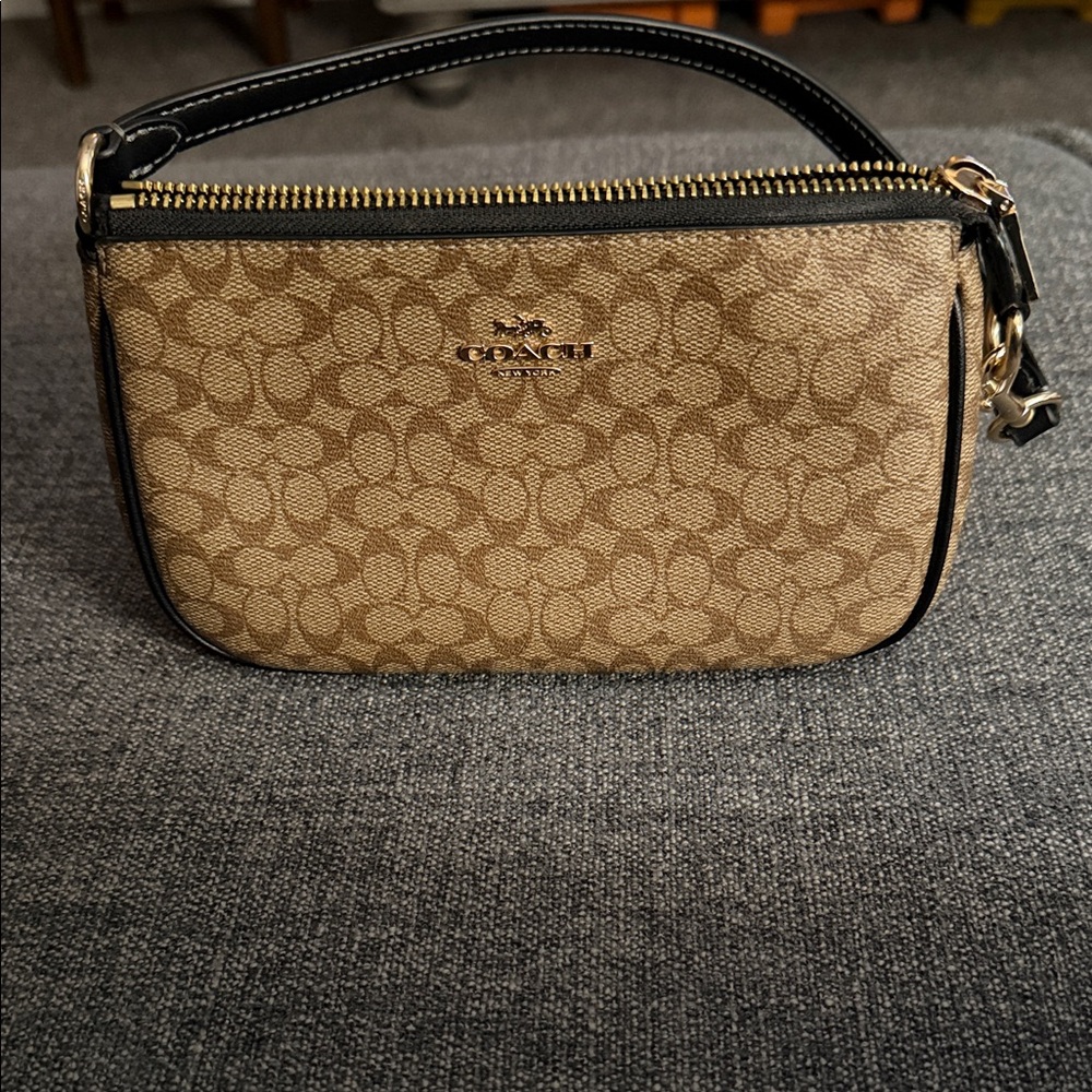 Coach Signature Tan and Black Wristlet